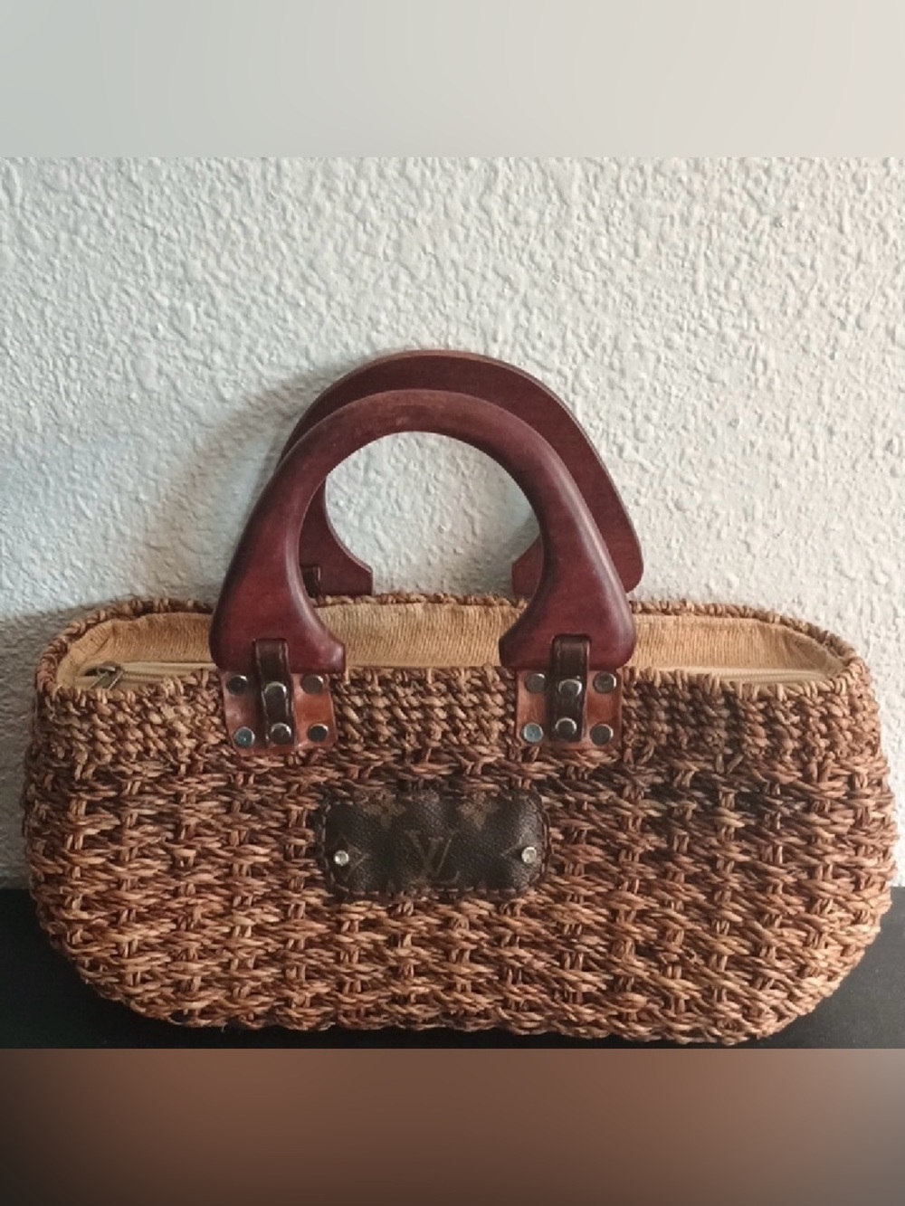 Woven Straw Basket Handbag with Repurposed LV Patch & Wood Handles